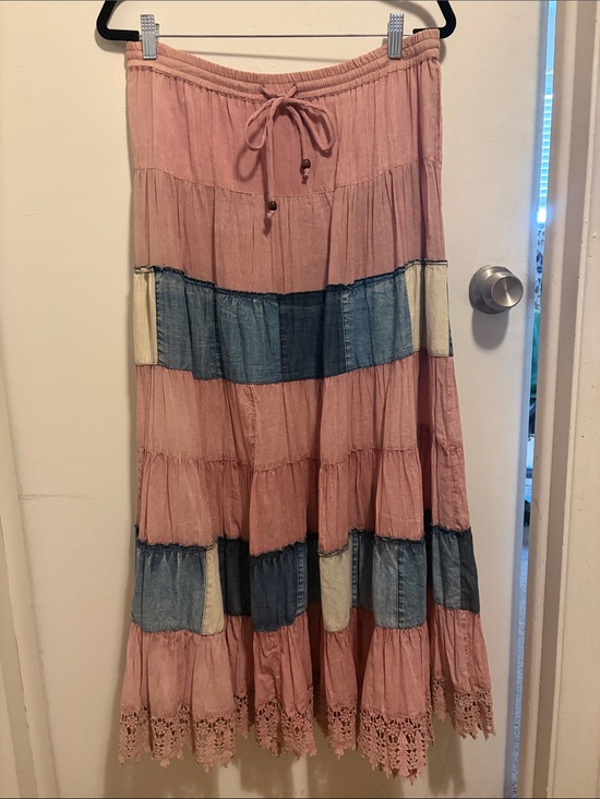 Young Threads Dresses & Skirts - YOUNG THREADS Tiered Pink Patchwork Maxi Skirt with Crochet Hem Brand New Small